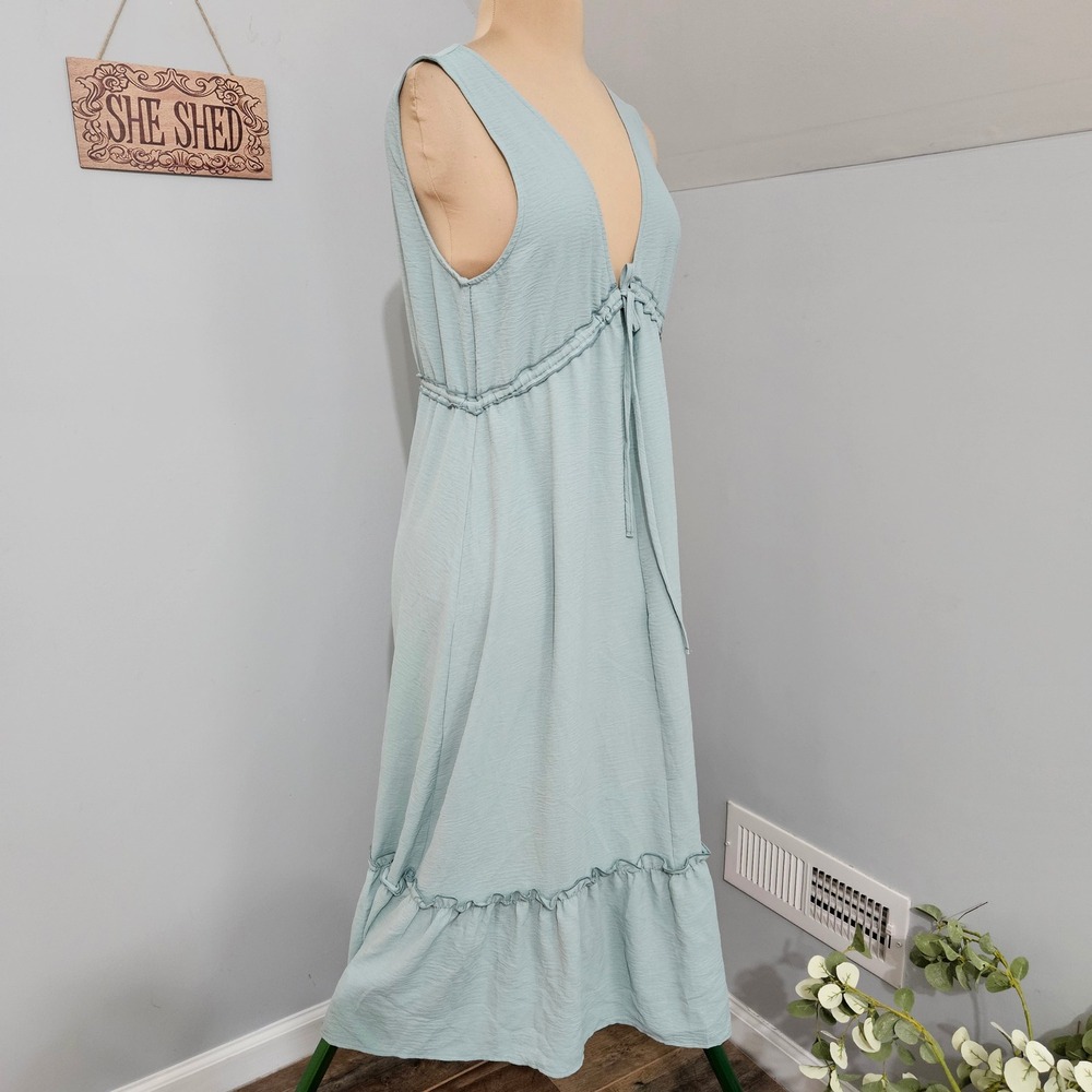 Cupshe Sage Green V-Neck Open Back Ruffle Hem Maxi Dress Large Swim Cover Beachy - Picture 2 of 12